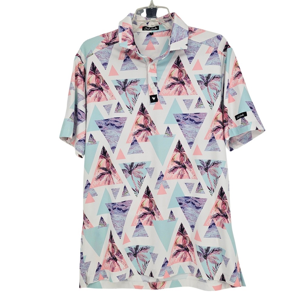 Bad Birdie Performance Polo‎ Shirt M Pastel Palm Tropical Golf Athletic Stretch